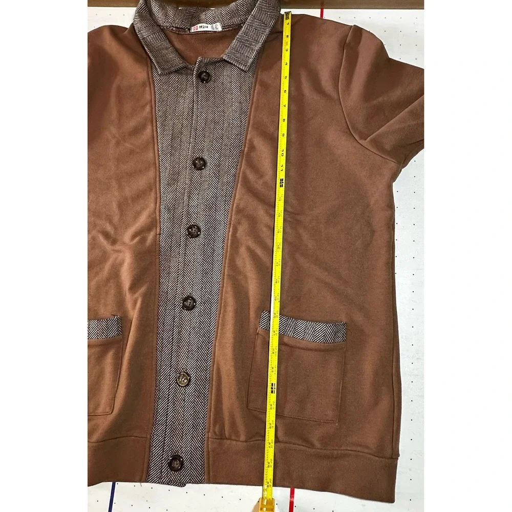 H2H Cardigan Sweater 2XL Brown Herringbone Trim Button Front Collared Excellent